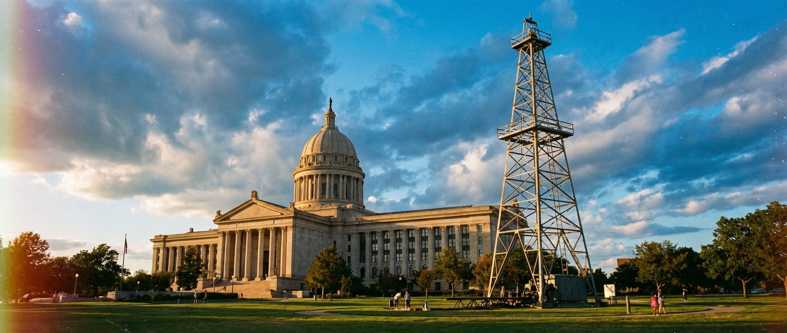 Oklahoma City skyline with small business district at golden hour